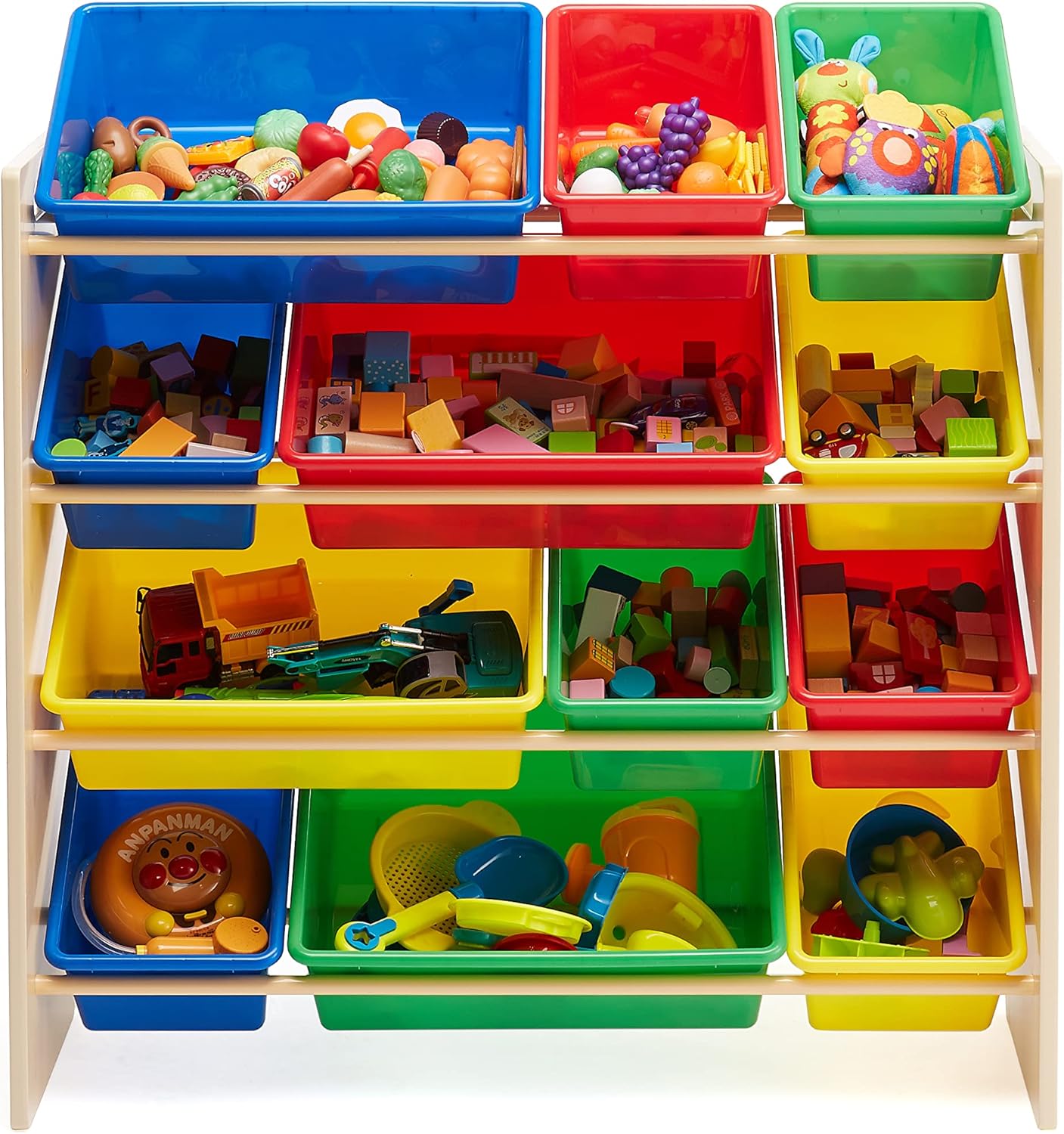 Abas - dřevěný regál s 12 barevnými boxy 27,7 d x 85,3 x 79 cm