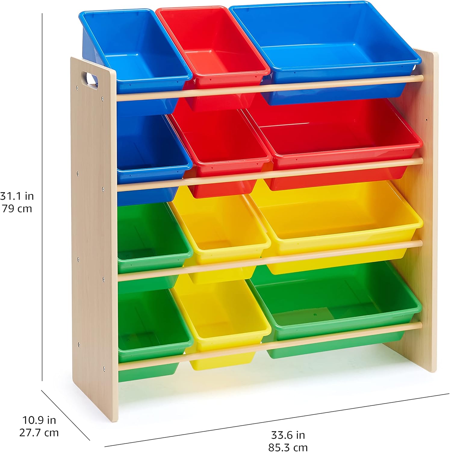 Abas - dřevěný regál s 12 barevnými boxy 27,7 d x 85,3 x 79 cm