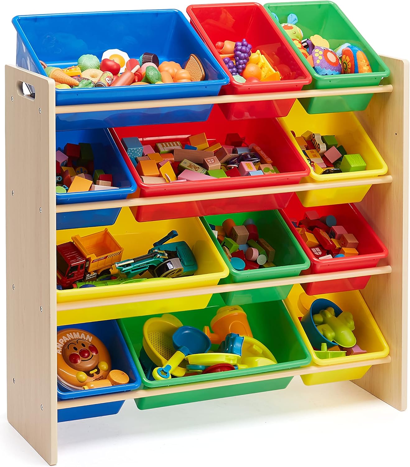 Abas - dřevěný regál s 12 barevnými boxy 27,7 d x 85,3 x 79 cm