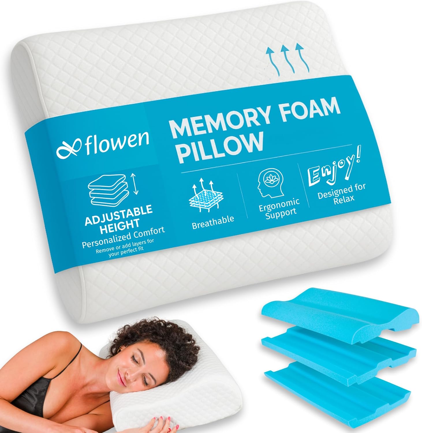 Flowen - Terapeutický polštář pod šíji z paměťové pěny nastavitelný ve 3 vrstvách