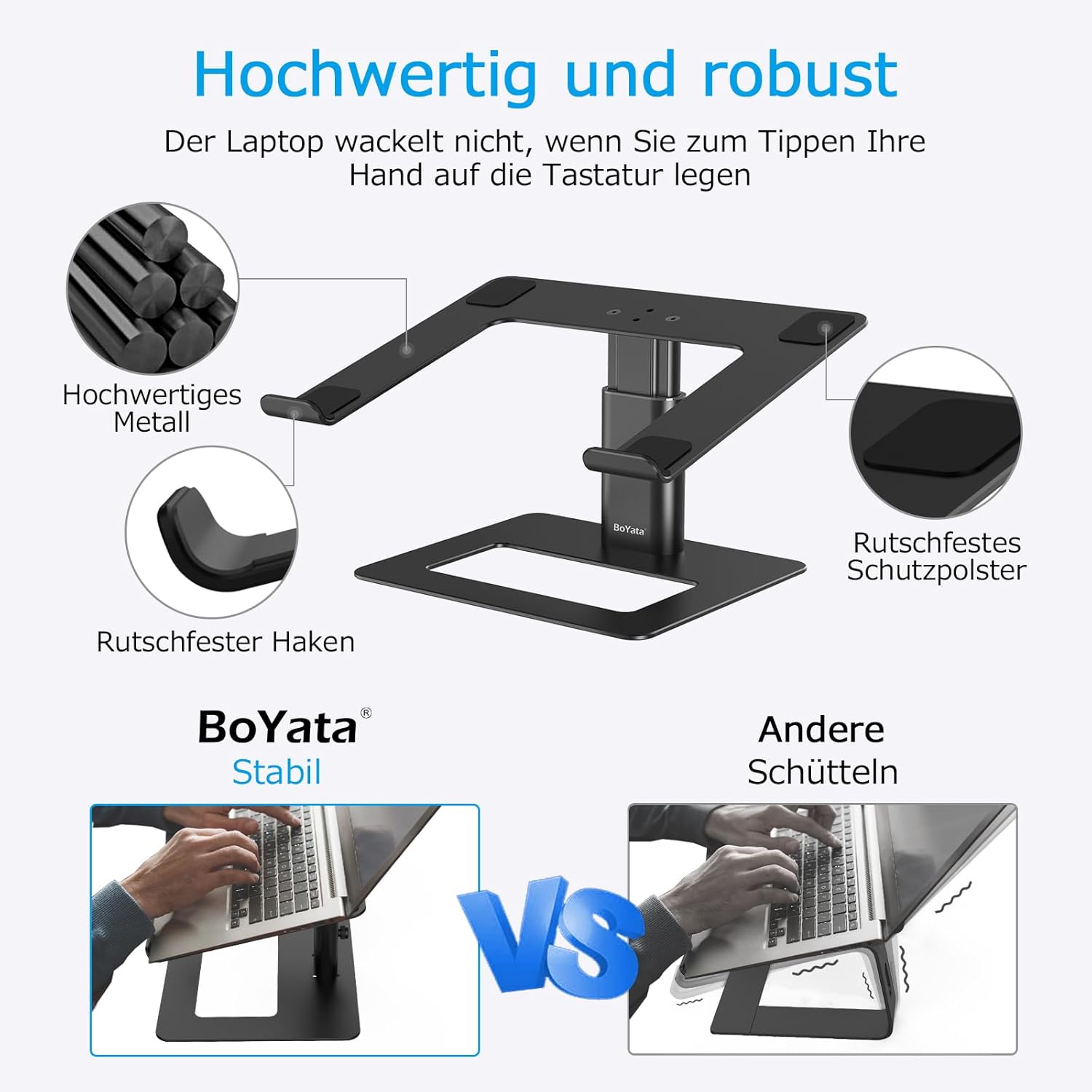 Stojan na notebook Boyata, výškově nastavitelný a kompatibilní s 10-17" MacBook Pro/Air, Dell, HP, Samsung, Acer, ASUS Chromebook
