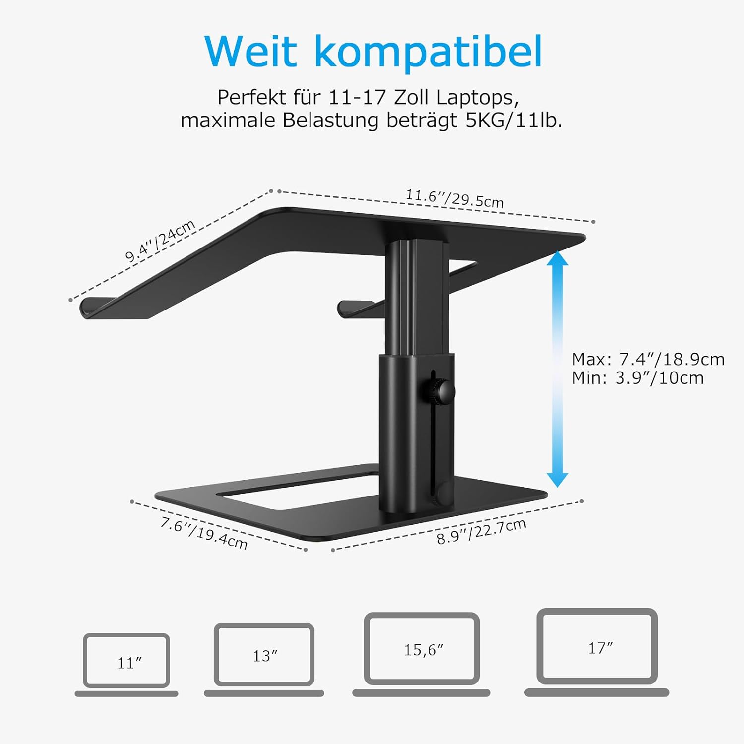 Stojan na notebook Boyata, výškově nastavitelný a kompatibilní s 10-17" MacBook Pro/Air, Dell, HP, Samsung, Acer, ASUS Chromebook