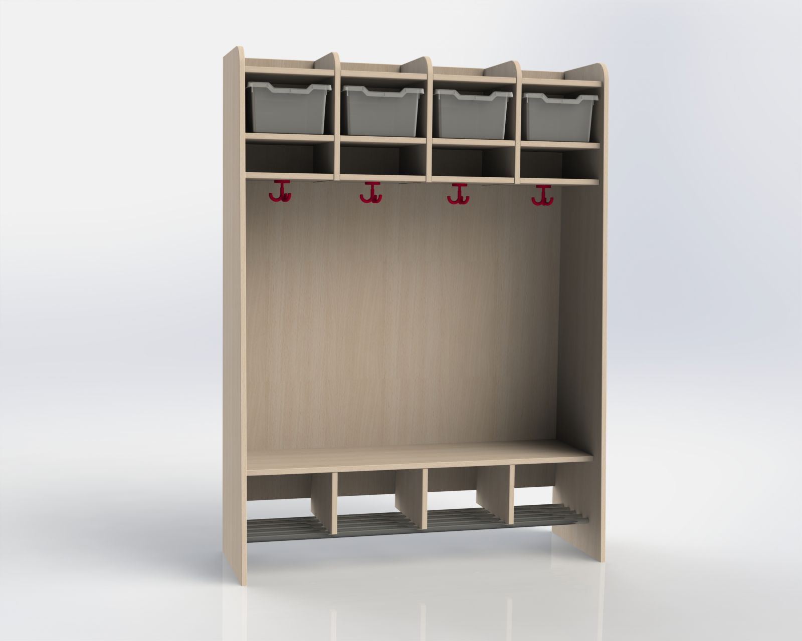 Školní kompletní šatnička s plastovými boxy a zády