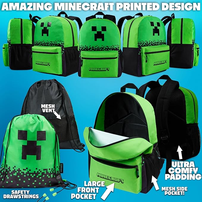 Minecraft 5 dílný školní set - Batoh s taškou na oběd, láhev na pití, penál a pytlík na cvičení