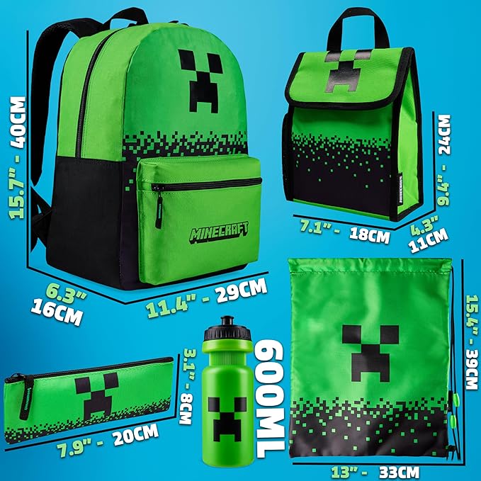 Minecraft 5 dílný školní set - Batoh s taškou na oběd, láhev na pití, penál a pytlík na cvičení