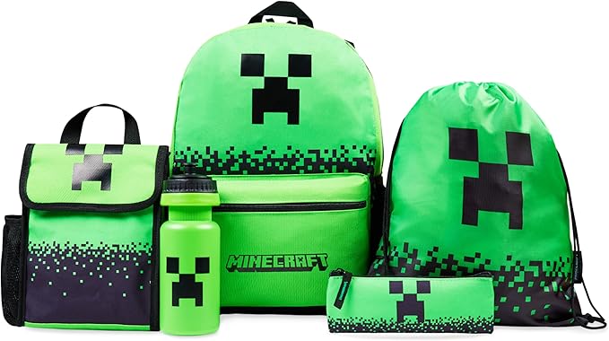 Minecraft 5 dílný školní set - Batoh s taškou na oběd, láhev na pití, penál a pytlík na cvičení