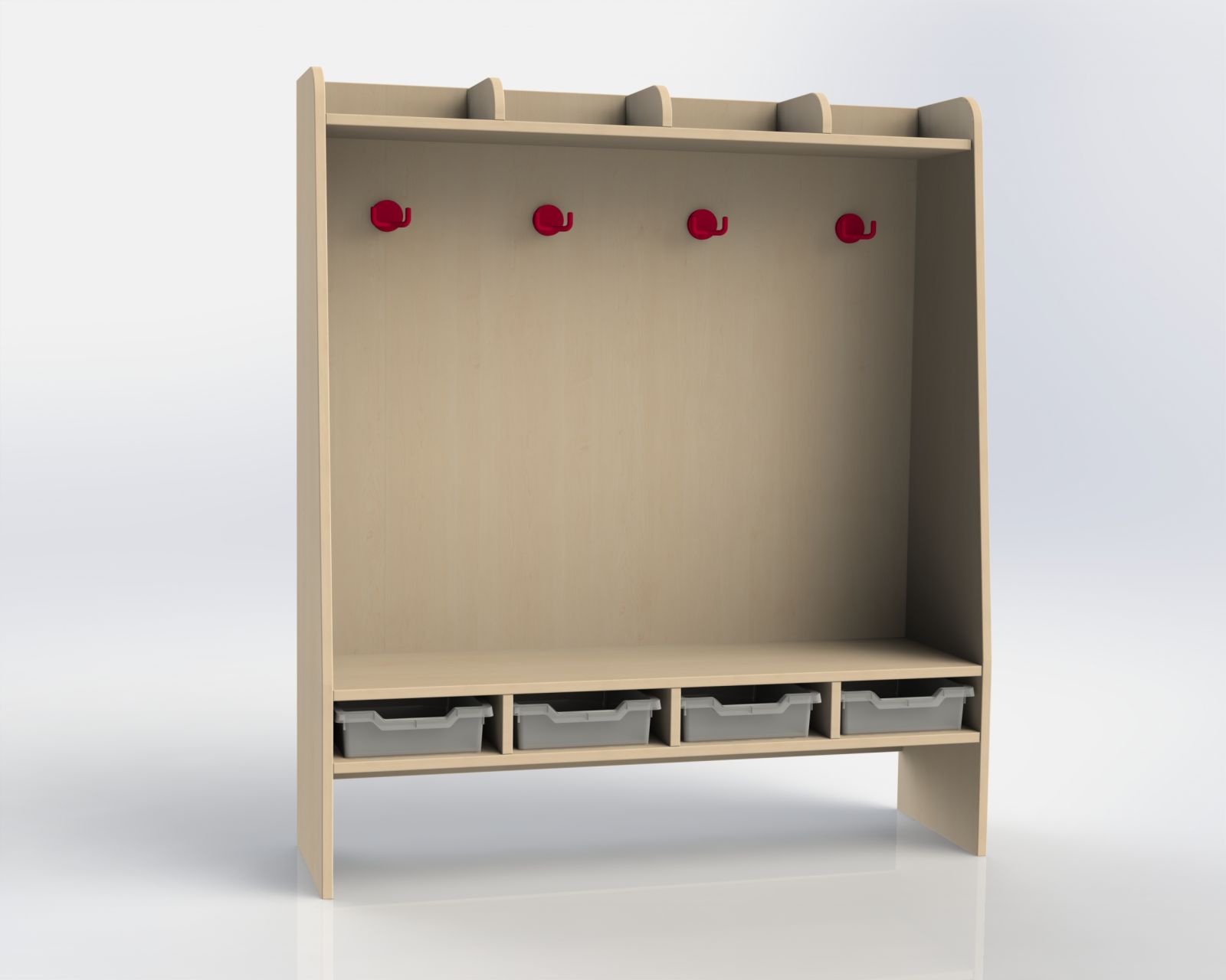Školní šatnička 4 místná s plastovými boxy