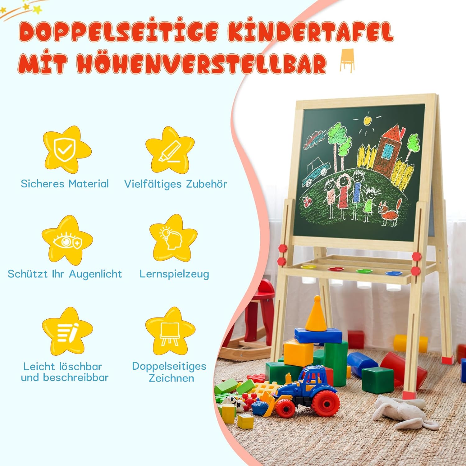 Dripa - Dětská školní tabule oboustranná s nastavitelnou výškou a příslušenstvím 24 ks