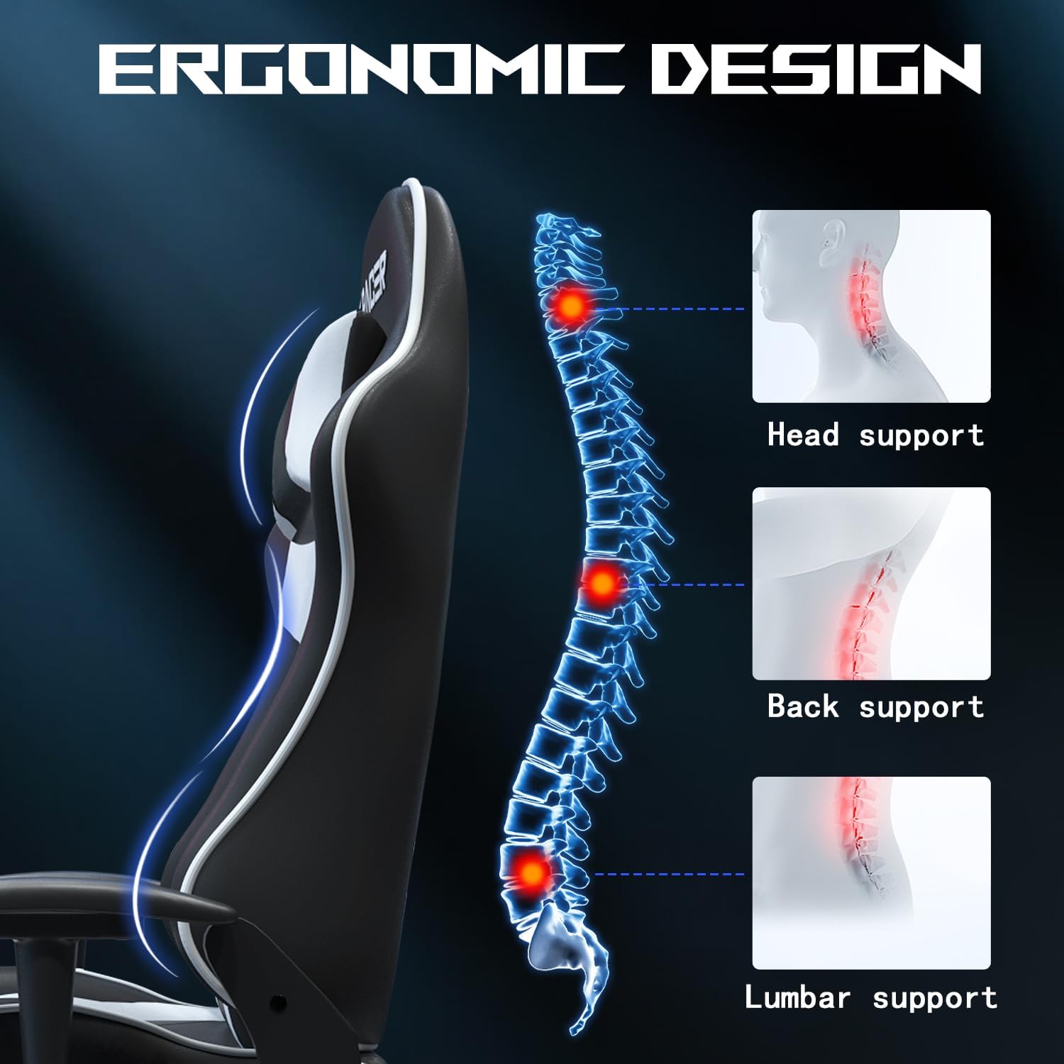 Jumi - Ergonomická herní ždle s bederní opěrkou, výškově nastavitelná nosnost 150 kg