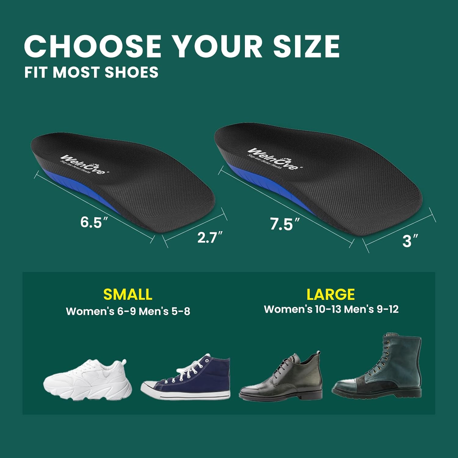 Welnove - ergonomické vložky pro úlevu od bolesti paty pro plantární úlevu fasciitidy, Achillova šlacha - ženy 41-45, muži 42-46