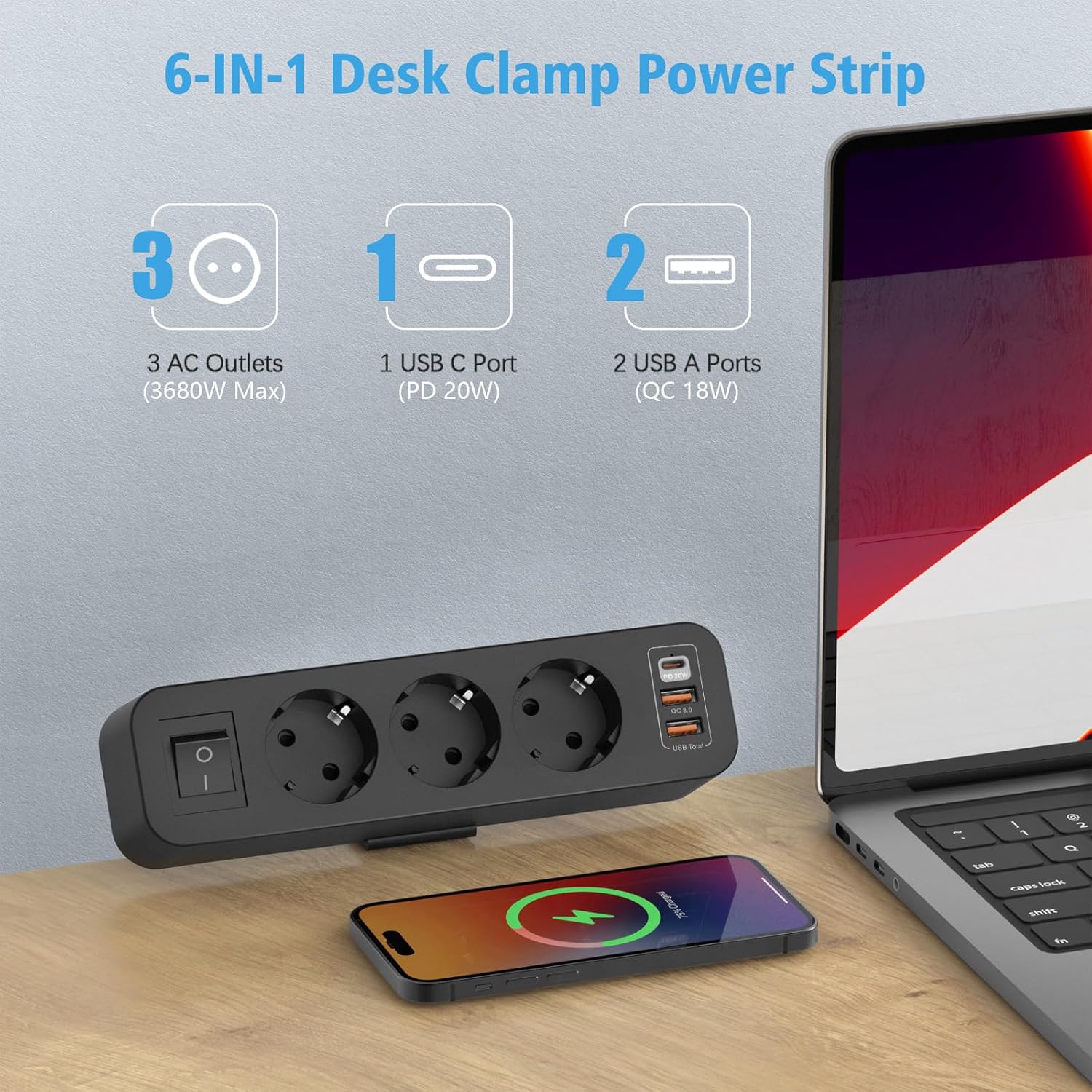 Dery - 7 v 1 vícenásobná zásuvka 3 USB s vypínačem, zásuvková lišta na kancelářský stůl