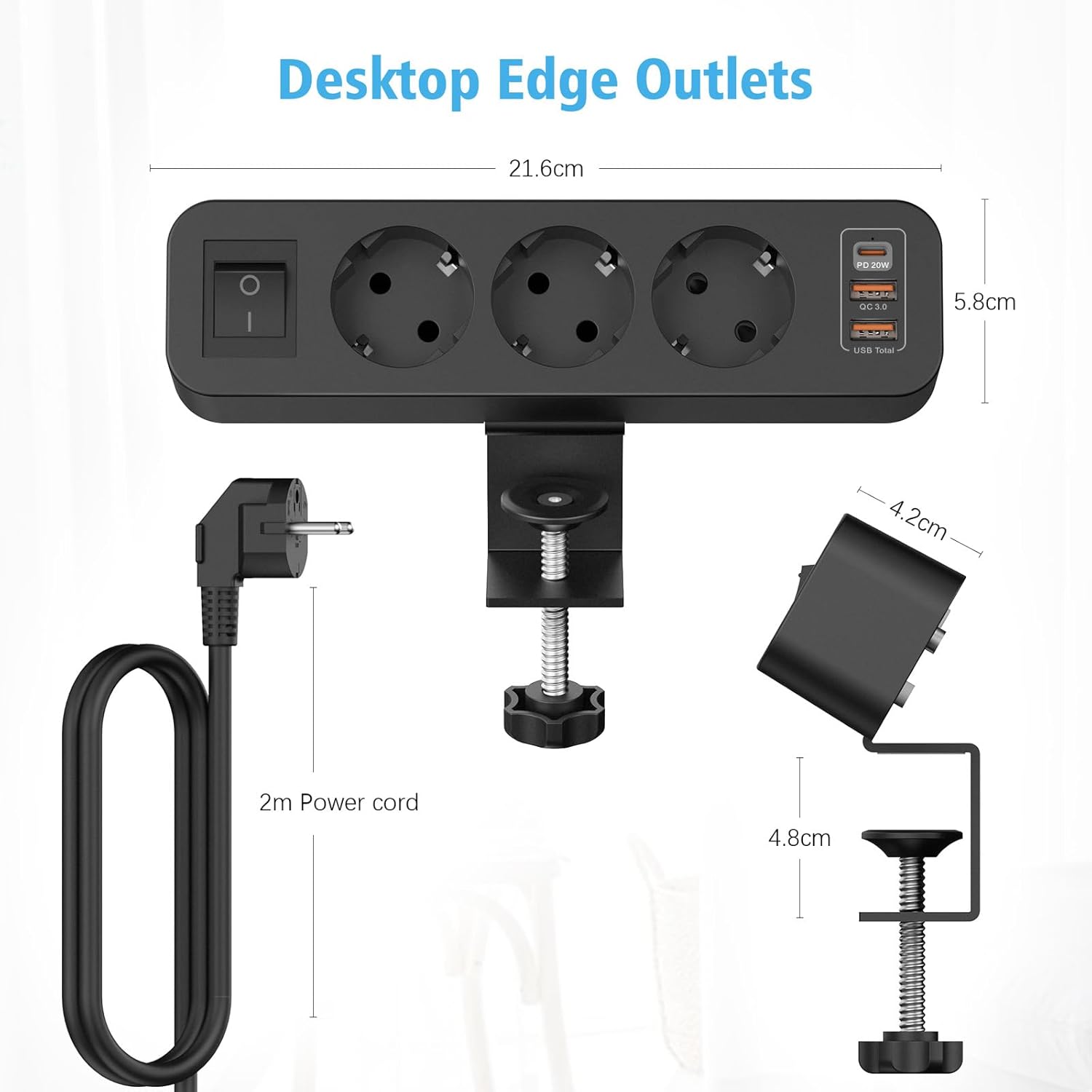 Dery - 7 v 1 vícenásobná zásuvka 3 USB s vypínačem, zásuvková lišta na kancelářský stůl