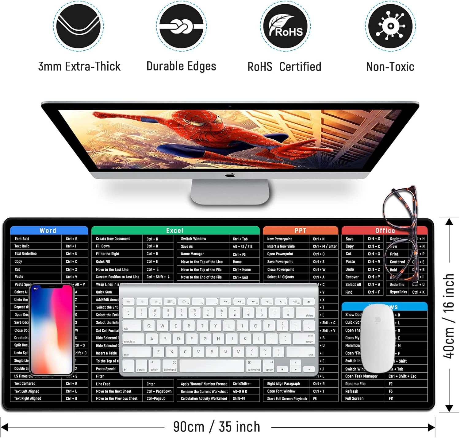 Velká podložka s klávesovými zkratkami pro Excel na kancelářský stůl - 900 x 400 mm
