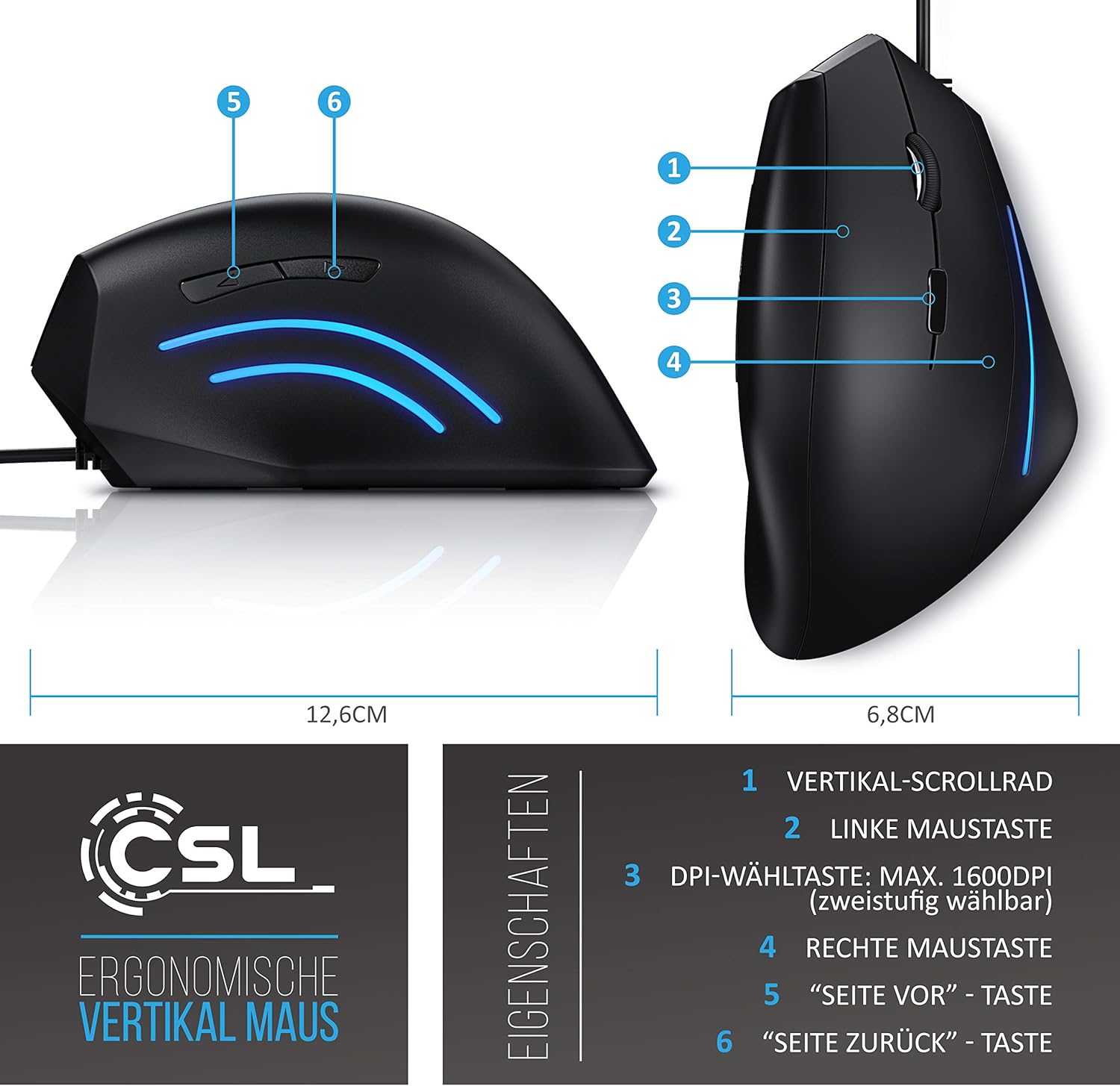 CSL – vertikální ergonomická myš s USB kabelem