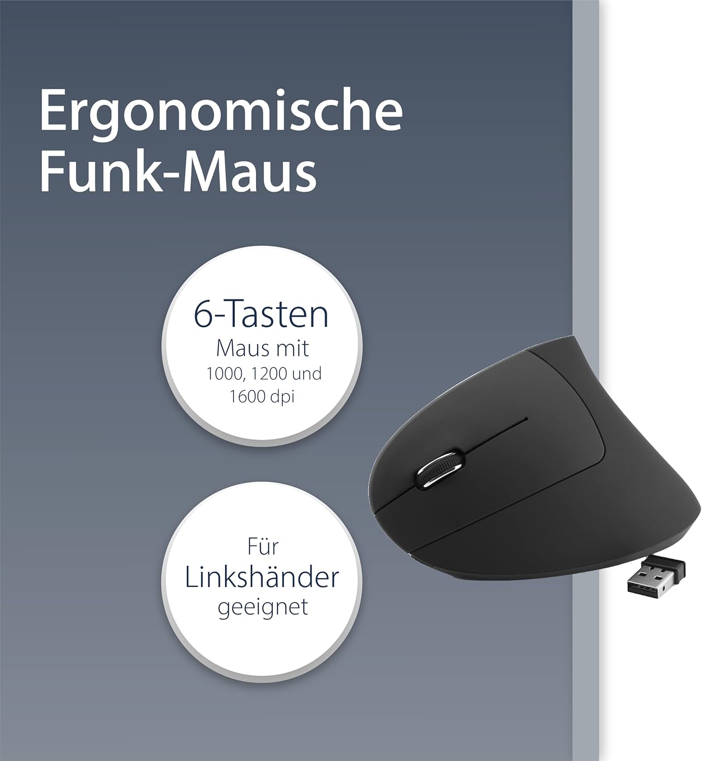 MediaRange - ergonomická 6tlačítková bezdrátová myš pro leváky - 4 úrovně DPI