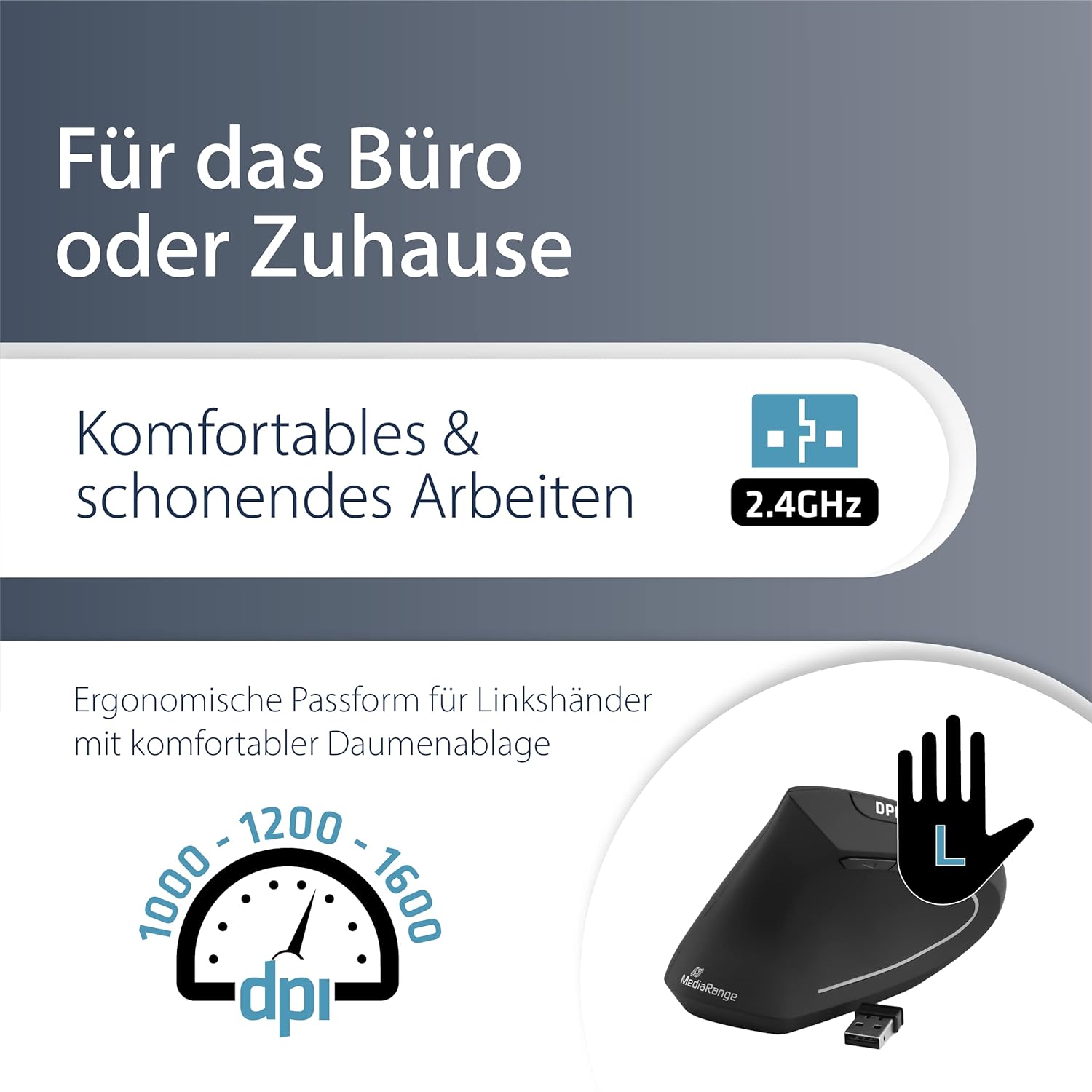 MediaRange - ergonomická 6tlačítková bezdrátová myš pro leváky - 4 úrovně DPI