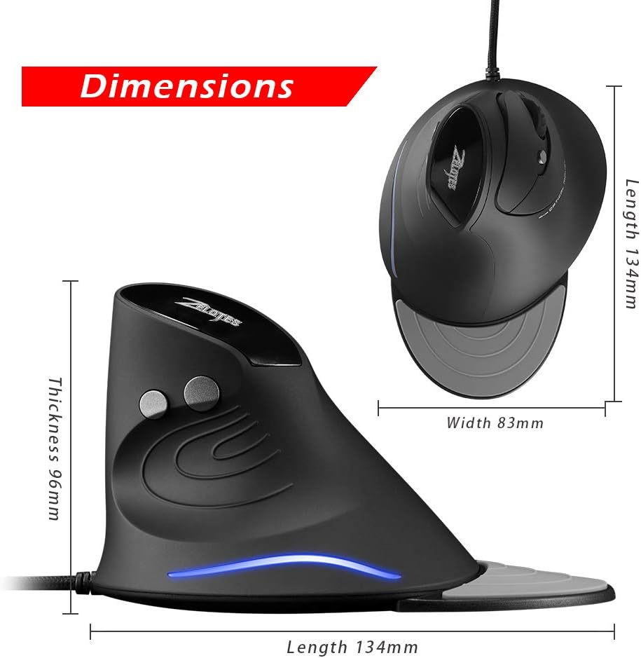 Zelotes - ergonomická vertikální myš pro leváky s 4 úrovní DPI a USB kabelem
