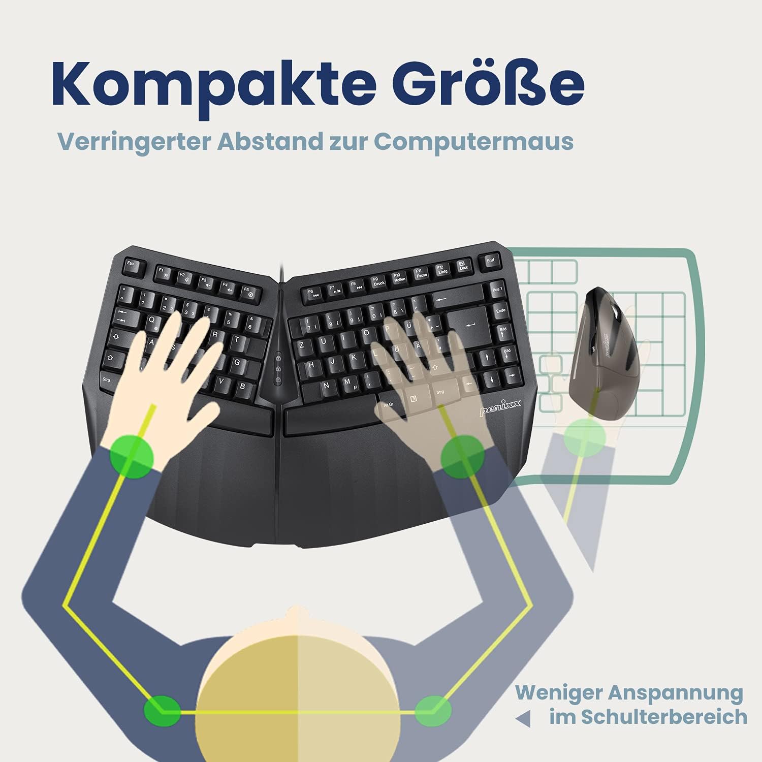 Perixx - ergonomická klávesnice s integrovanou opěrkou dlaní a USB kabelem