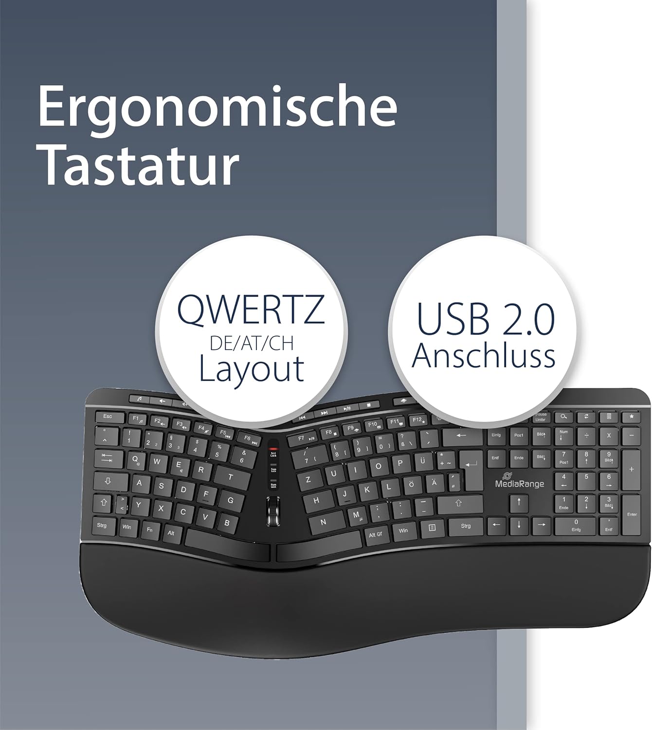 MediaRange - ergonomická multimediální klávesnice s 124 tlačítky, rolovacím kolečkem a USB kabelem