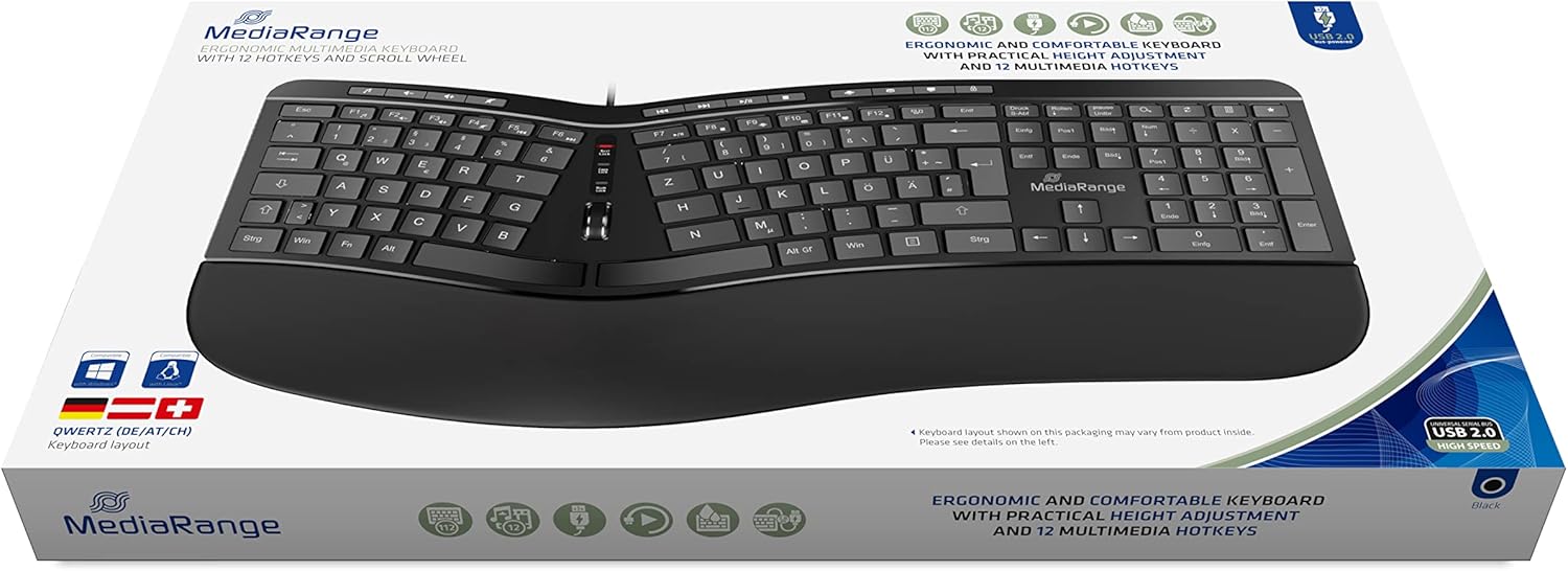 MediaRange - ergonomická multimediální klávesnice s 124 tlačítky, rolovacím kolečkem a USB kabelem