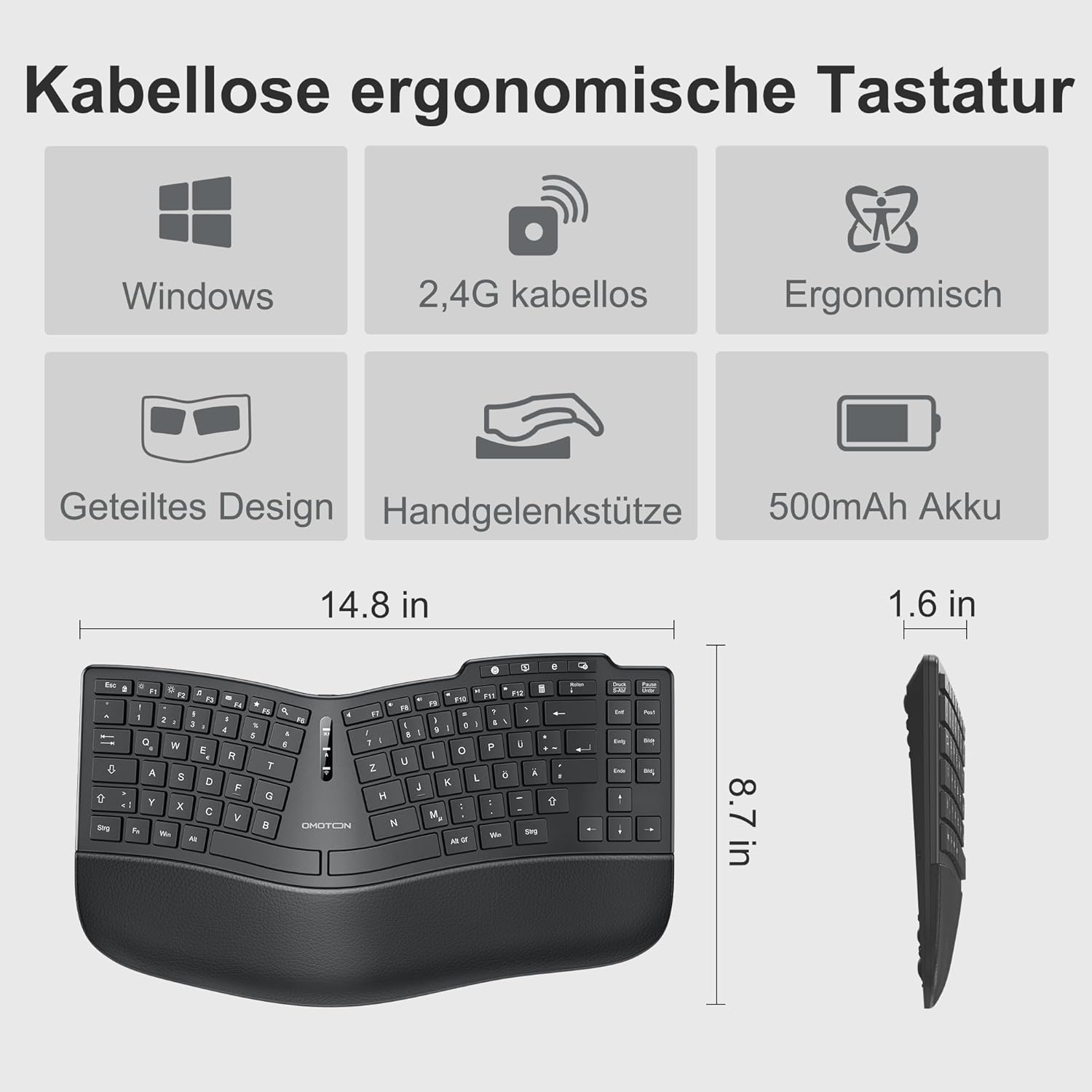 Omoton - ergonomická bezdrátová dobíjecí klávesnice s polstrovanou opěrkou dlaní