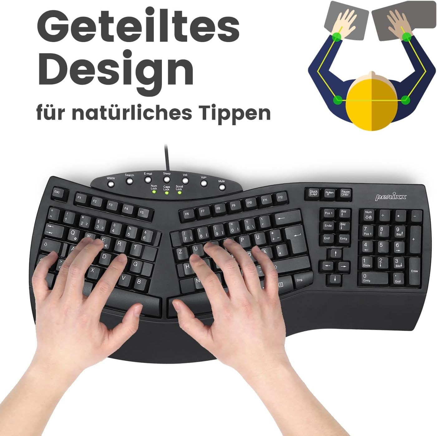Perixx Periduo - ergonomická kabelová klávesnice s integrovanou opěrkou dlaní a myš