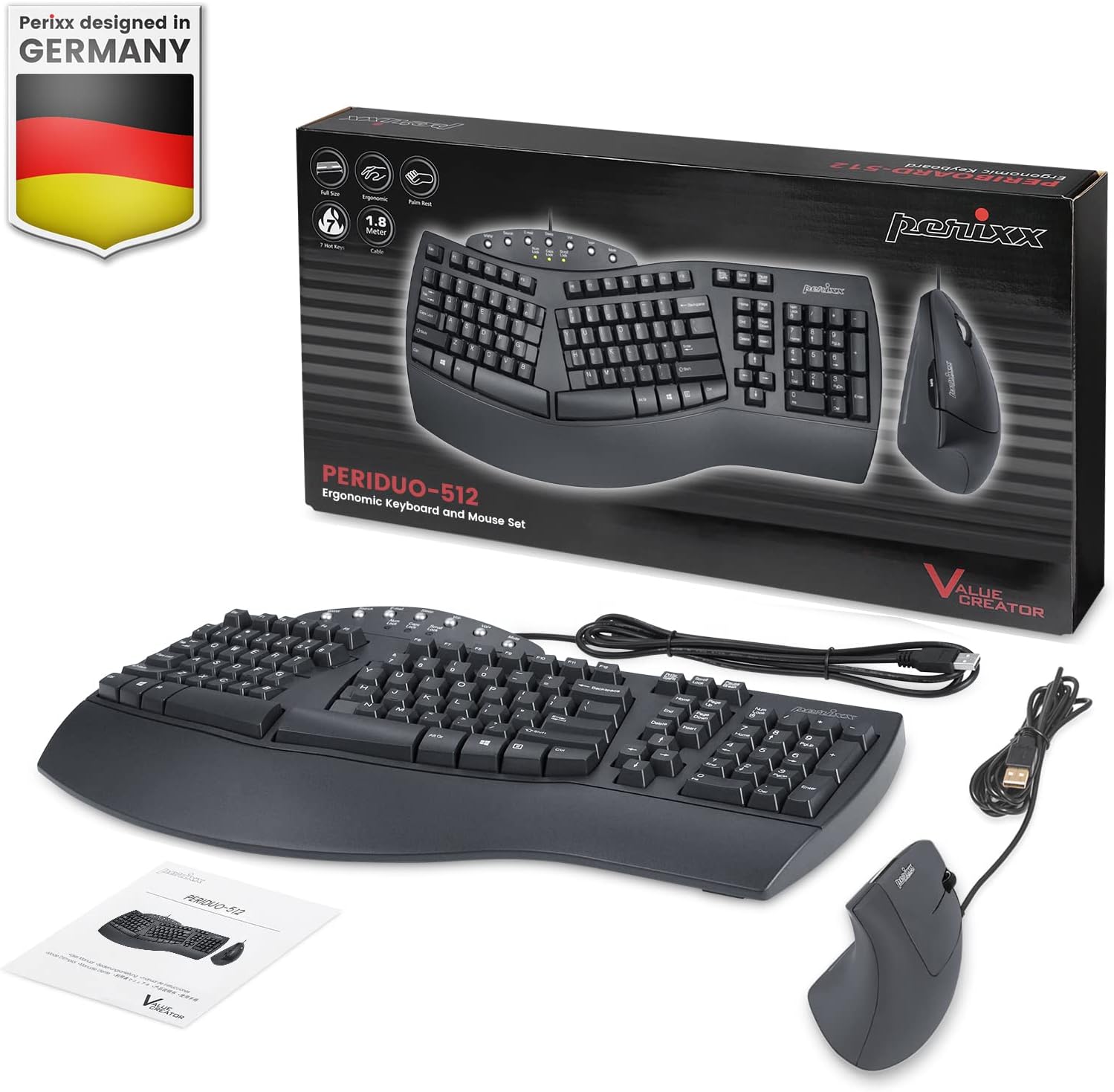 Perixx Periduo - ergonomická kabelová klávesnice s integrovanou opěrkou dlaní a myš
