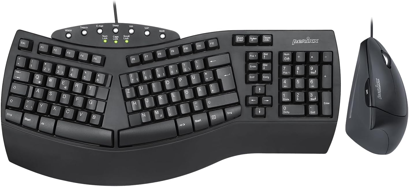 Perixx Periduo - ergonomická kabelová klávesnice s integrovanou opěrkou dlaní a myš