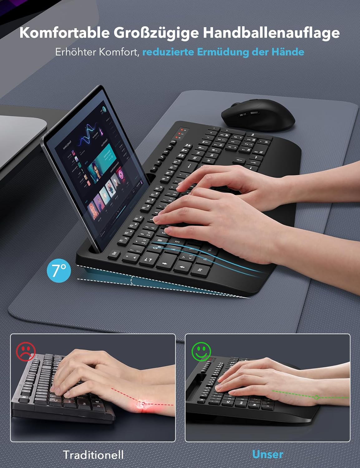 Sablute - ergonomická bezdrátová klávesnice v sadě s myší, podložkou zápěstí a držákem telefonu nebo tabletu