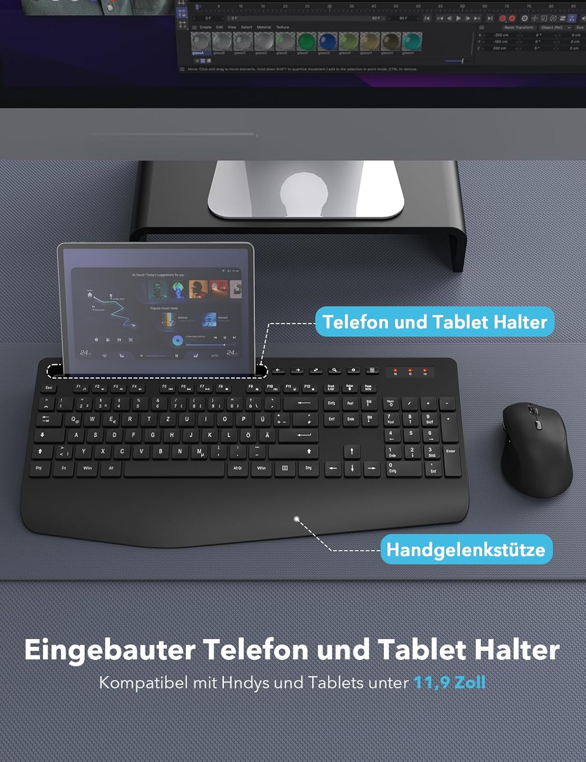 Sablute - ergonomická bezdrátová klávesnice v sadě s myší, podložkou zápěstí a držákem telefonu nebo tabletu