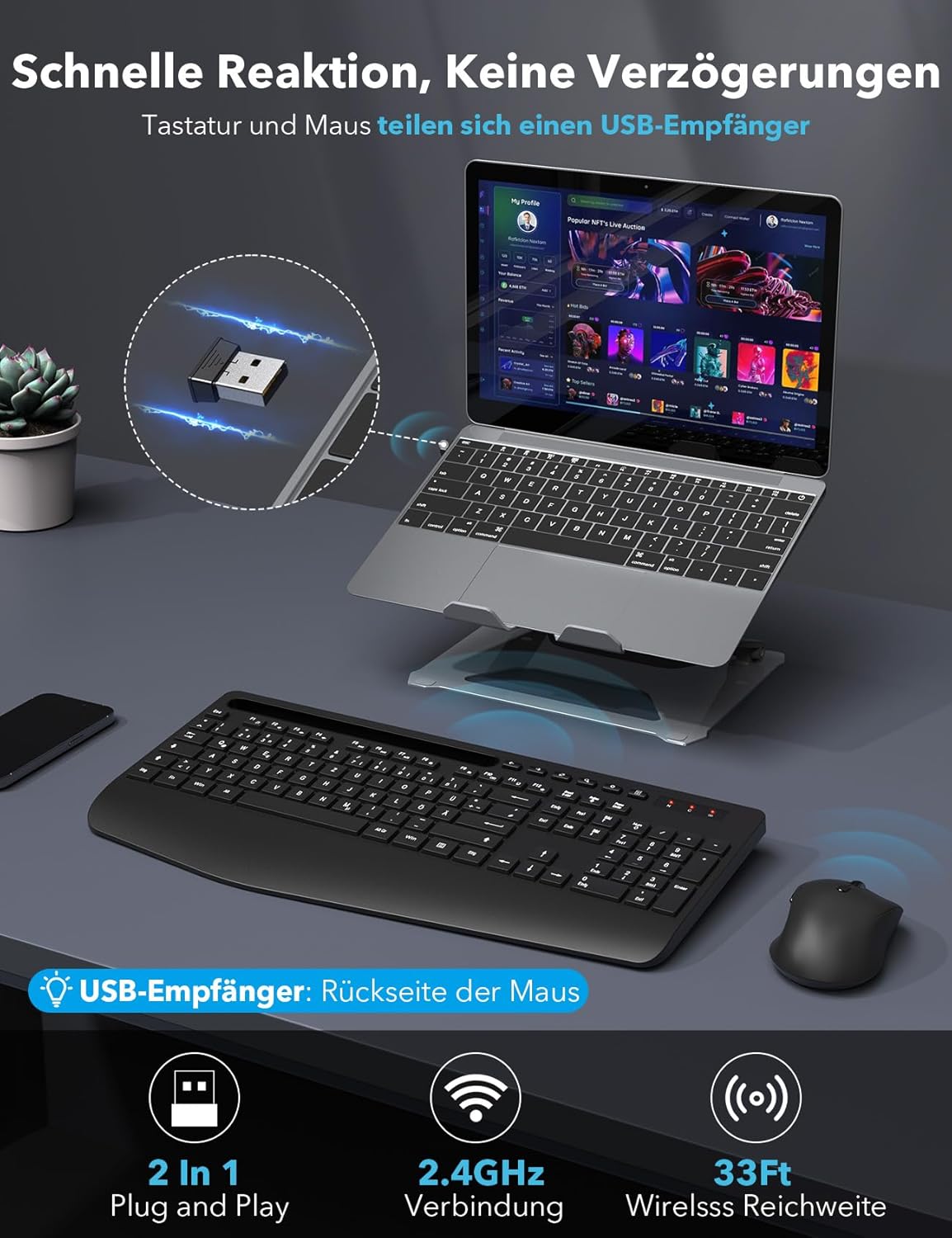 Sablute - ergonomická bezdrátová klávesnice v sadě s myší, podložkou zápěstí a držákem telefonu nebo tabletu