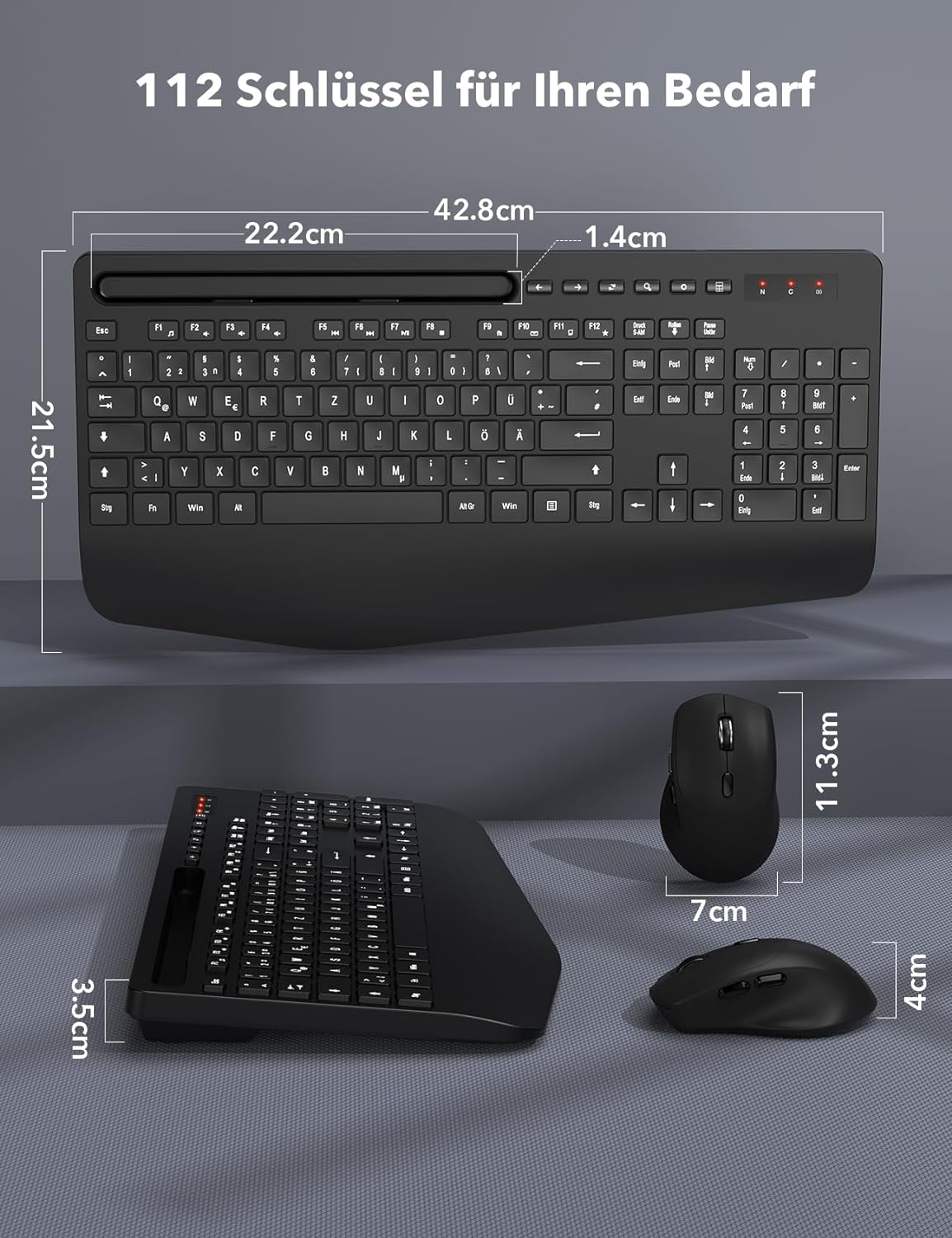 Sablute - ergonomická bezdrátová klávesnice v sadě s myší, podložkou zápěstí a držákem telefonu nebo tabletu