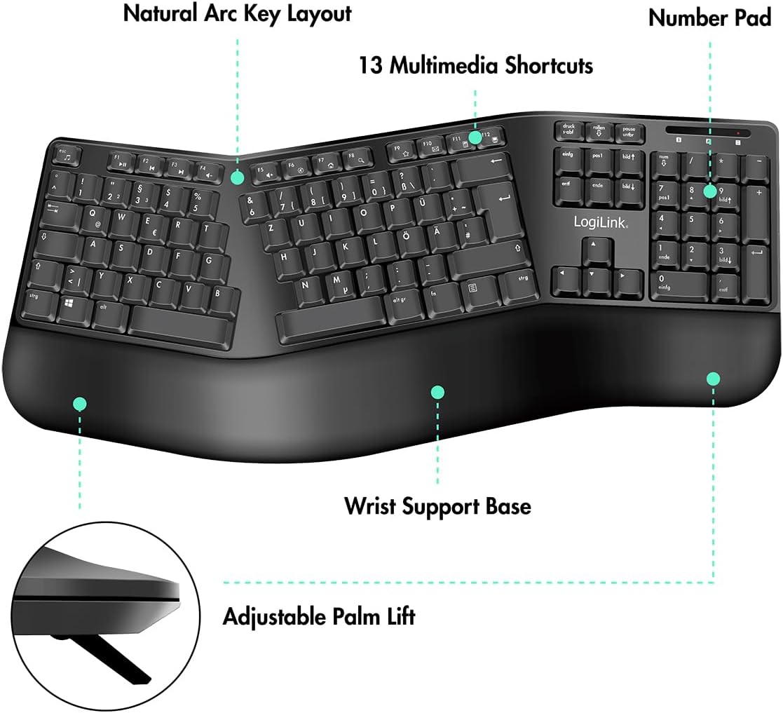 LogiLink - ergonomická sada myši a bezdrátové klávesnice s podložkou zápěstí