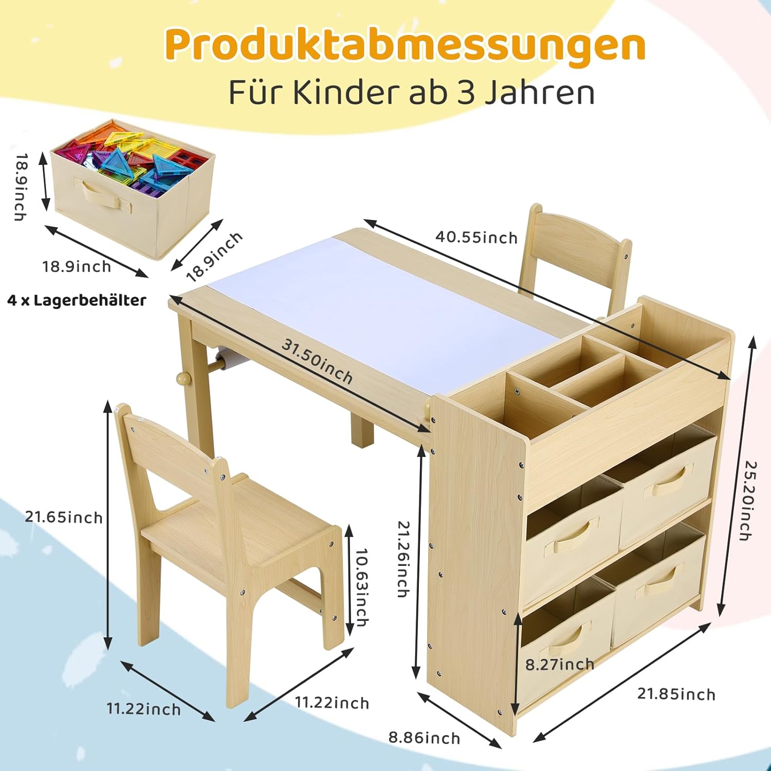 Clevi - Dětský dřevěný stůl se 2 židlemi a úložným prostorem pro malování