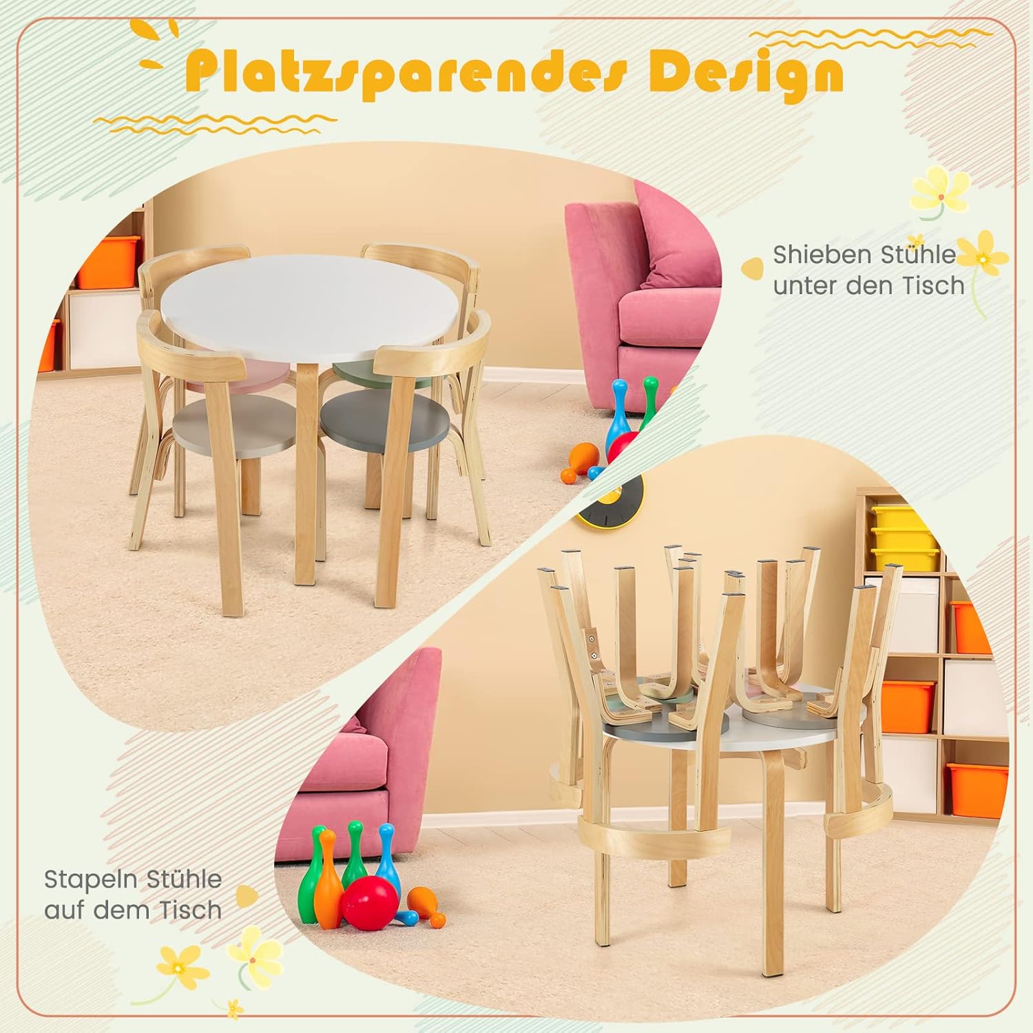 Drema set - Dětský stůl se 4 židlemi (stohovatelné) z masivního dřeva pro děti od 3 let