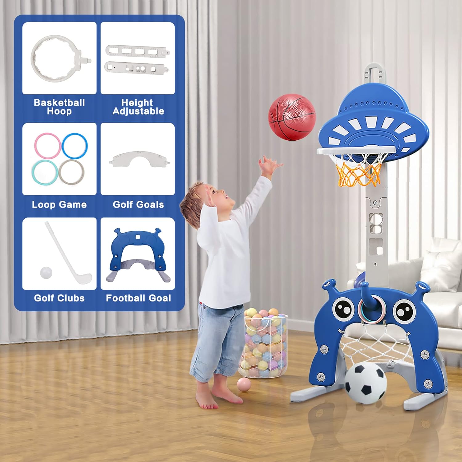 Sada dětského basketbalového koše (výškově stavitelný) s fotbalovou brankou + golfová hra