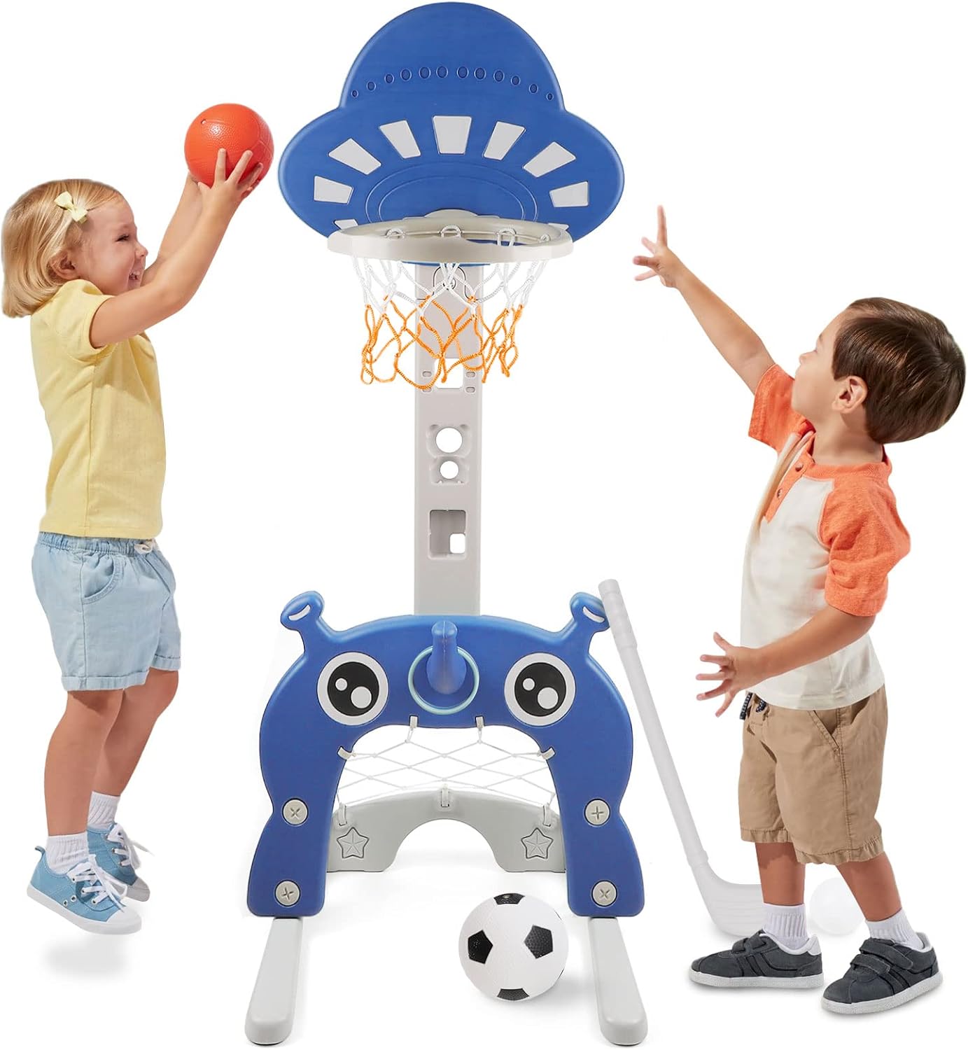 Sada dětského basketbalového koše (výškově stavitelný) s fotbalovou brankou + golfová hra